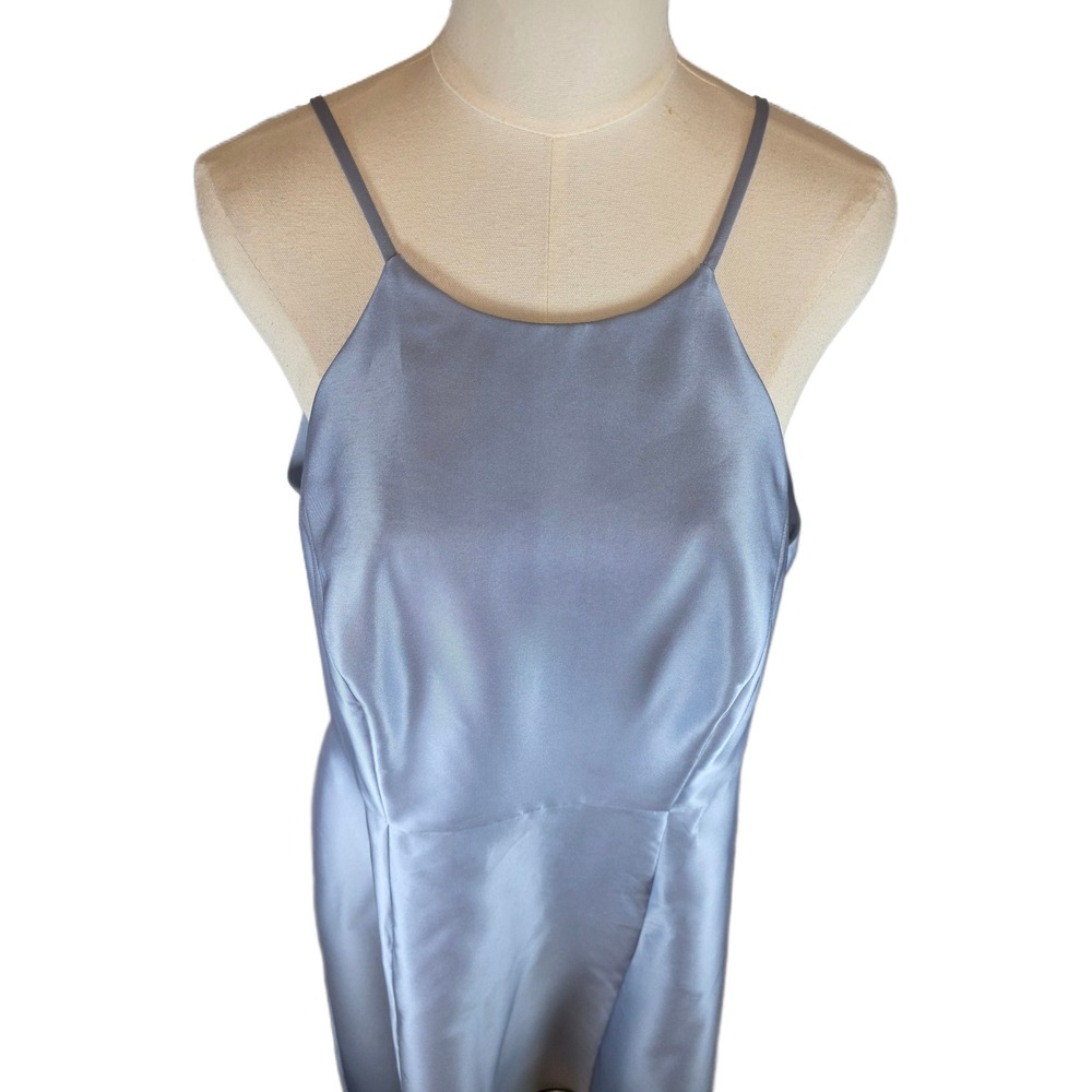 Alfred Sung Size 18 Cloudy Blue Satin High Neck Gown w/Pockets - Picture 3 of 12